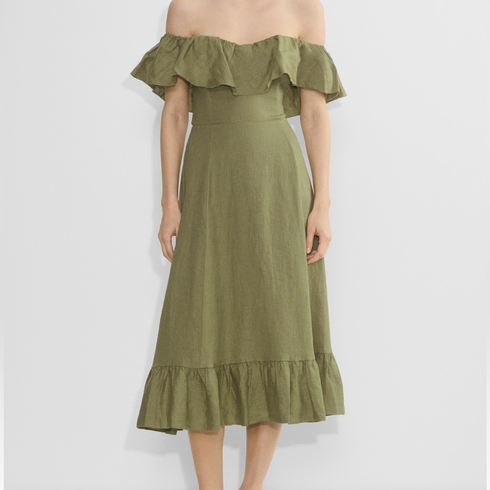 Aritzia Olive Green Off-Shoulder Ruffle Midi Dress